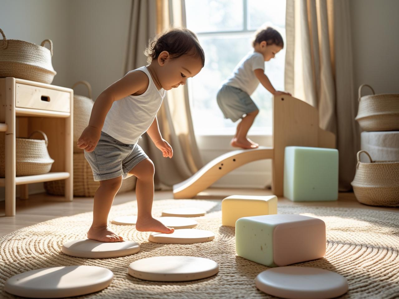 A toddler exploring a Pikler arch